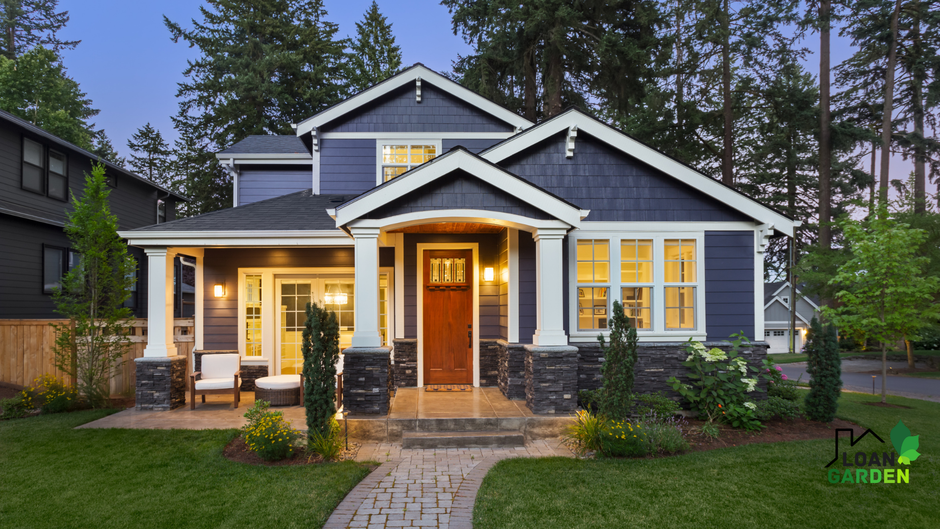 Blue 2 story home with red door